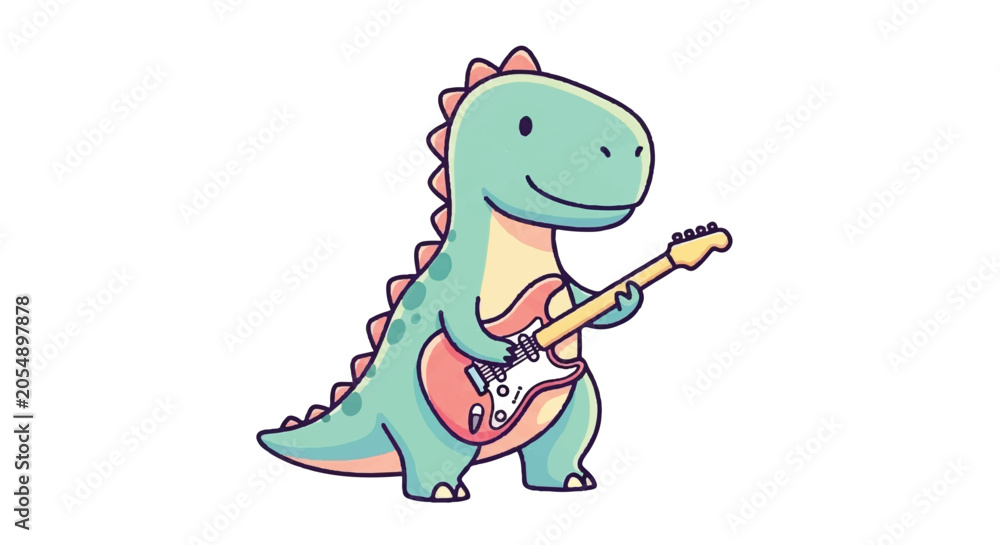 Obraz premium Cute cartoon dinosaur playing electric guitar.