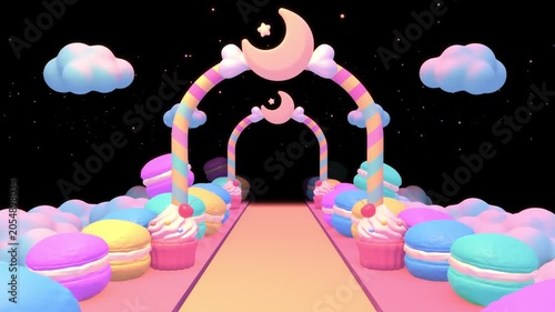 Passing through sweet moon candy corridor with macarons and cupcakes animation. (loop)