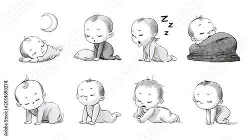 cute sleeping baby character collection with adorable pose,bedtime expressions and nursery themed hand drawn illustration 