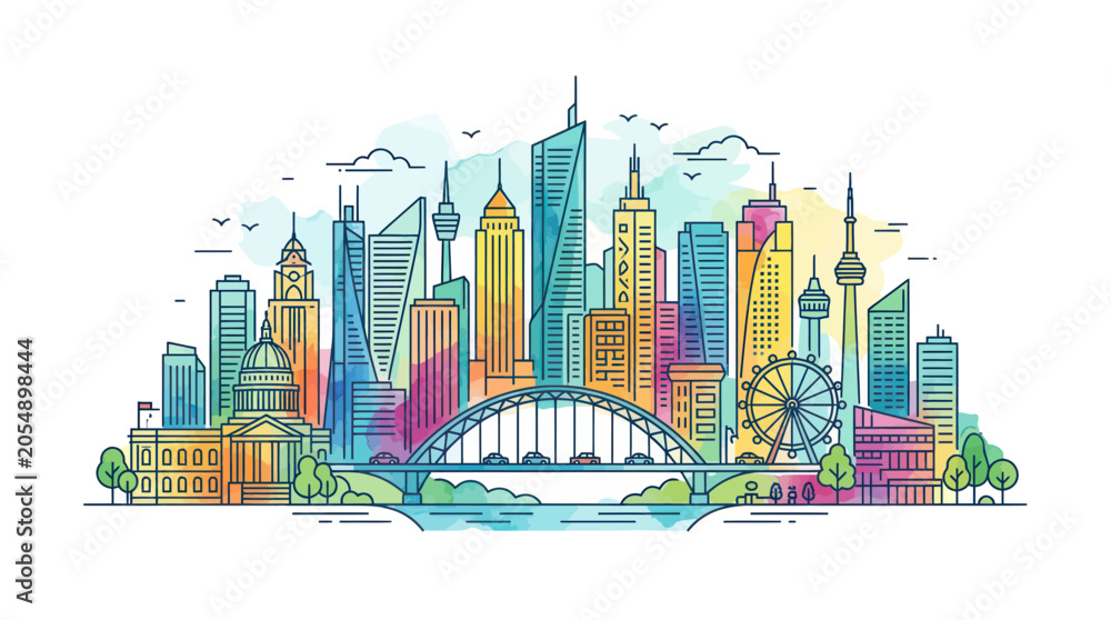 Fototapeta premium Modern urban city skyline with colorful skyscrapers and bridge