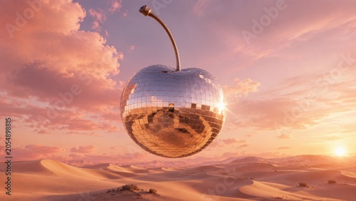 Shiny cherry ball in desert sunset