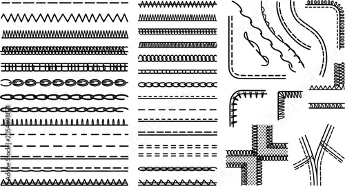 Bild auf Leinwand Sewing stitches and fabric seams vector brush set with zigzag embroidery line bo