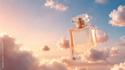 Floating perfume bottle in clouds