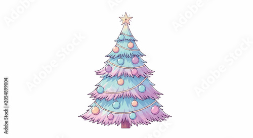 Whimsical Watercolor Christmas Tree with Pastel Ornaments.