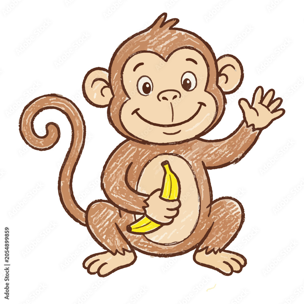 Obraz premium Cute Waving Monkey Holding Banana Crayon Sketch Vector Keywords: