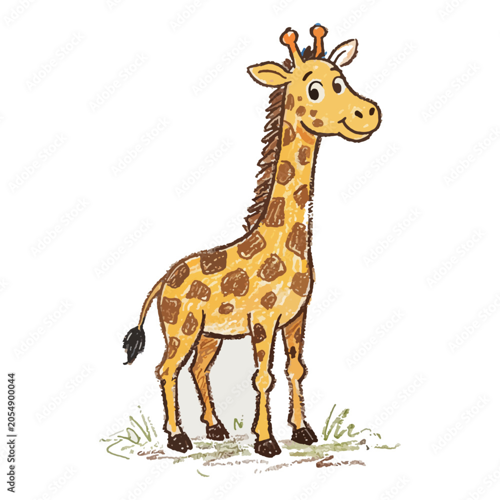 Obraz premium Cute Tall Giraffe standing on Grass Crayon Illustration