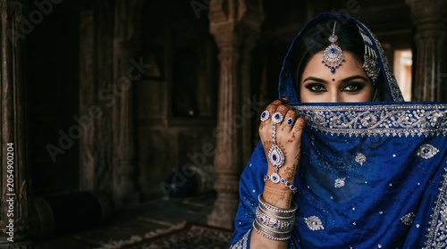 Cinematic portrait of a indian woman in a royal blue silk veil with silver embroidery, covering the lower half of her face. She wears heavy silver and sapphire jewelry on her forehead and hands.