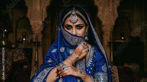 Cinematic portrait of a indian woman in a royal blue silk veil with silver embroidery, covering the lower half of her face. She wears heavy silver and sapphire jewelry on her forehead and hands.