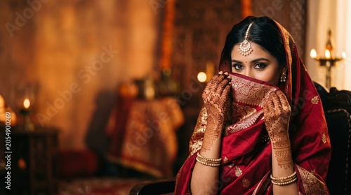 Woman in a deep crimson saree, using the fabric to partially hide her face. Her hands are covered in intricate dark henna (mehndi) patterns, and she wears a delicate pearl maang tikka.