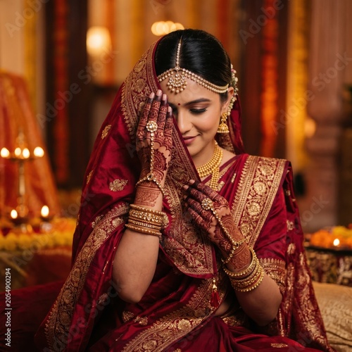 Woman in a deep crimson saree, using the fabric to partially hide her face. Her hands are covered in intricate dark henna (mehndi) patterns, and she wears a delicate pearl maang tikka.