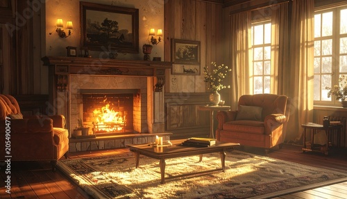 Cozy vintage living room with antique fireplace and ornate decor.