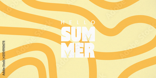 Abstract warm organic lines with HELLO SUMMER text in bright yellow and cream vector illustration