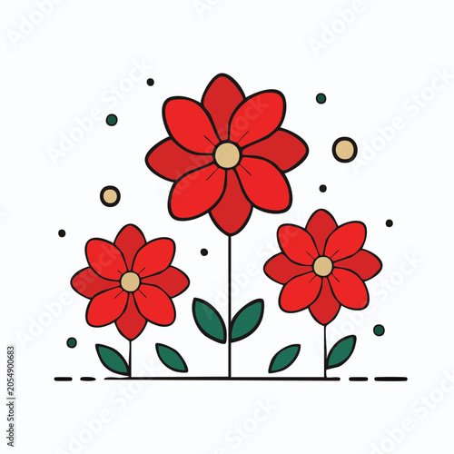 Stylized Red Flowers with Green Leaves and Dots