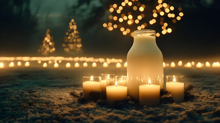 festive Christmas advertisement featuring bottled dairy products. There is only one giant milk bottle
