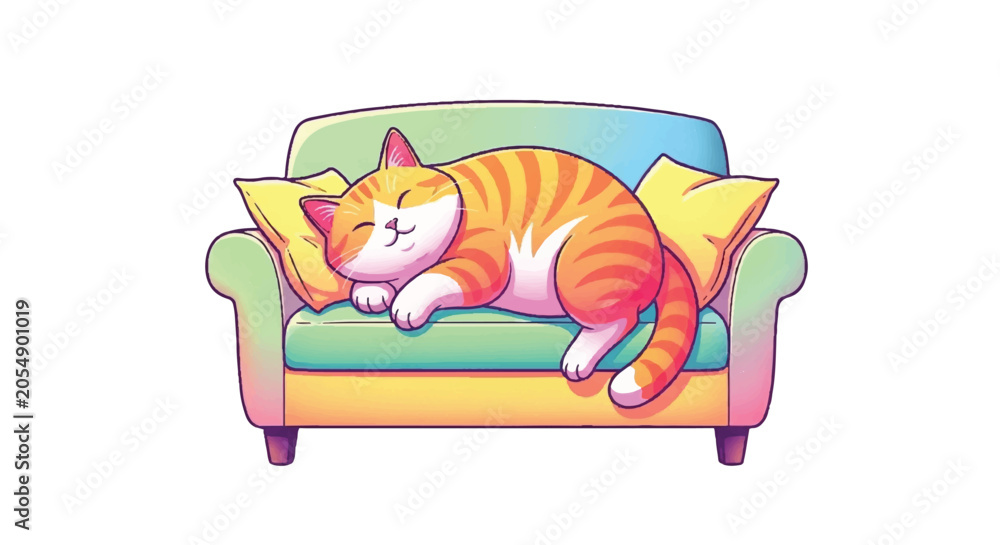 Fototapeta premium Cute Orange Tabby Cat Sleeping Peacefully on a Cozy Sofa.