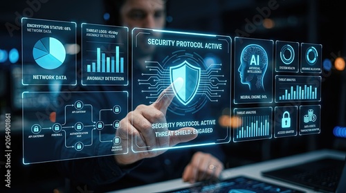 Cybersecurity monitoring action digital workspace data visualization interface high-tech environment close-up view shield concept for enhanced security insights