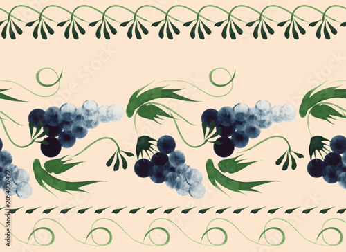 Border vector seamless pattern from blue grapes and green leaves on a beige background 