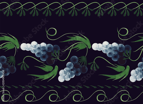 Border vector seamless pattern from blue grapes and green leaves on a dark purple background 