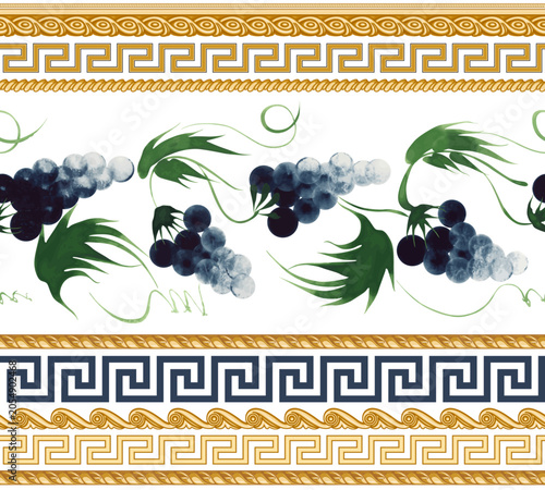 Border vector seamless pattern from blue grapes and golden clasasical friezes on a white background 