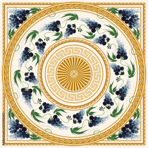 Set of border vector seamless patterns from blue grapes and golden classical friezes. 6 pattern brushes in the brush palette