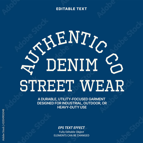 Editable Text Effect Vector of Navy white street wear minimalist modern Authentic college style work shirt Uniform or denim jacket Design for Printing, garment, merchandise, apparel, small business