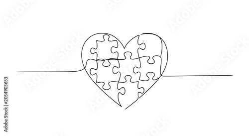 Tableau sur toile Heart puzzle continuous line drawing, symbol of love, connection, and relationsh