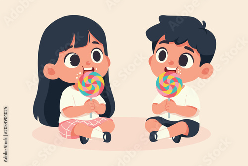 Kids Eating Candy Lollipop Illustration