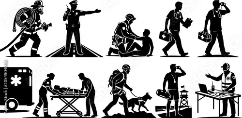 Fotografie Emergency services and first responders silhouette icon set including firefighters, police officers, paramedics, rescue workers, doctors, and lifeguards