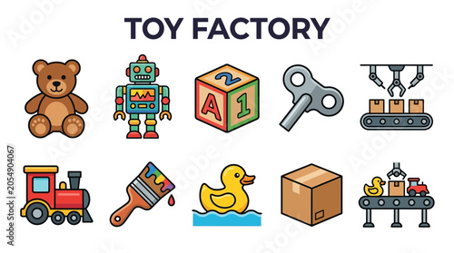 Schilderij op canvas Toy Factory Icons Set: Teddy Bear Robot Blocks and More.
