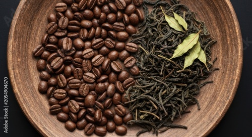 Two halves of coffee beans and tea leaves in a wooden bowl