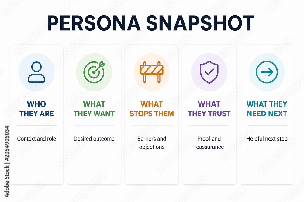 Fototapeta premium A graphic titled PERSONA SNAPSHOT displays five categories: Who They Are, What They Want, What Stops Them, What They Trust, and What They Need Next.