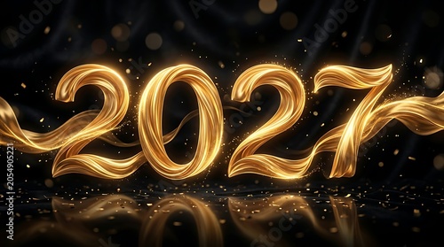 Elegant 2027 new year in flowing golden ribbons and confetti on a dark background.
