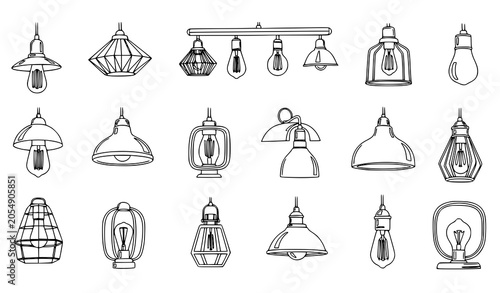 Modern Retro Edison Lamp Line Art Vector Collection of Isolated Loft Light Fixtures