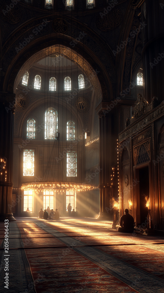 Obraz premium Interior of a historic mosque with a large ring chandelier and people praying during sunset.