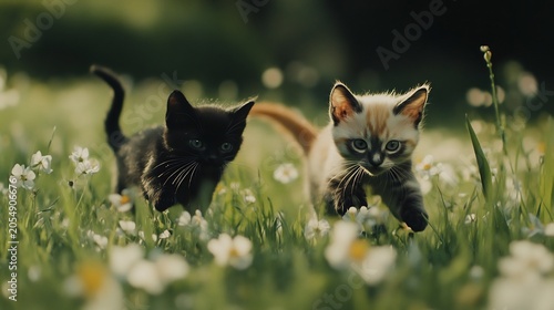 Two Kittens Running through Green Grass with White Flowers