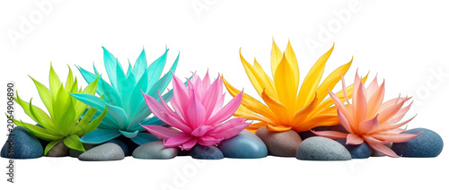 Colorful Artificial Lotus Aquarium Plants on Rocks Isolated on Transparent Background