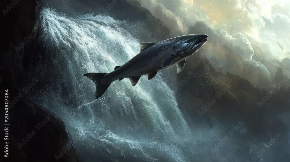 Fototapeta premium Salmon leaping waterfall dramatic scene