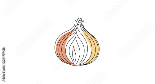 Minimalist colored line drawing of a whole onion bulb with orange and yellow gradients highlighting its organic form and texture.