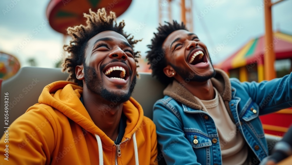 Obraz premium Two young African American men laughing joyfully while riding a roller coaster at an amusement park, colorful attractions visible in the background