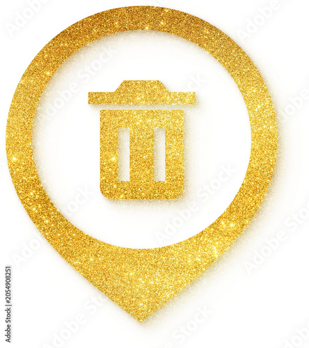Billede på lærred Trash icon in gold glitter location pin shape for trash delete remove bin waste discard clear UI button interface app and action on transparent background