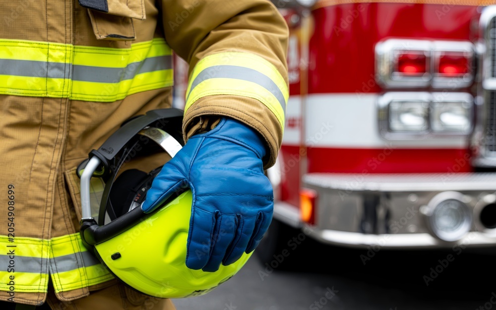 Fototapeta premium Tight-Cropped Firefighter Gear Detail with Reflective Stripes, Gloves, and Helmet