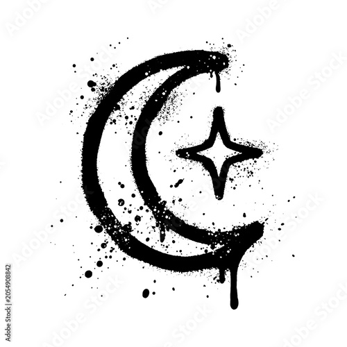 Bild auf Leinwand Crescent Moon And Sparkle Star Spray Paint Graffiti Vector Illustration