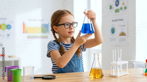 Create an ultra-high-resolution educational STEM-themed photograph featuring a curious young girl, approximately 6–8 years old, engaged in a safe, supervised science-learning activity