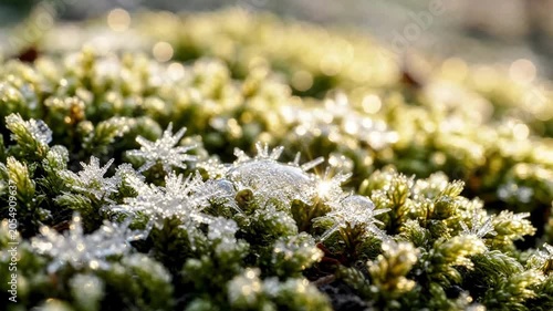 Macro shot of frost crystals on green moss with golden bokeh background