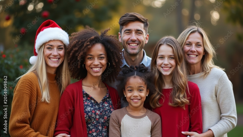 Fototapeta premium Group of six diverse individuals smiling together outdoors, wearing festive clothing and a Santa hat, surrounded by greenery and holiday decorations in a cheerful setting
