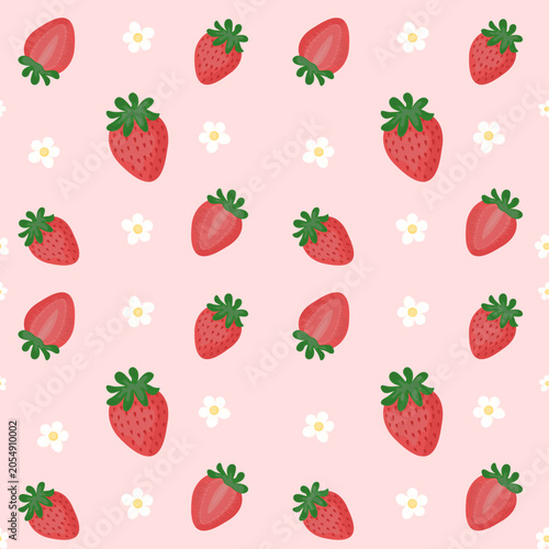Seamless strawberry pattern with small flowers on a soft pink background. Vector illustration perfect for fabric, wrapping paper, stationery, packaging, and digital designs. 
