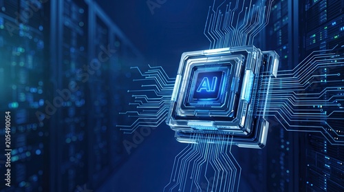 A quantum AI processing core floating in a cobalt digital void with neural network circuit traces, data analytics and business intelligence concept