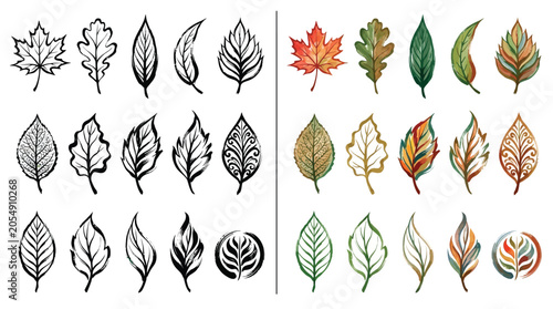 Tableau sur toile Collection of Hand-Drawn and Watercolor Autumn Leaves in Various Shapes and Colors