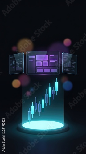 The 3d candlestick charts rising from a cyan pedestal toward floating dark glass dashboard panels in digital void, data analytics and business intelligence concept