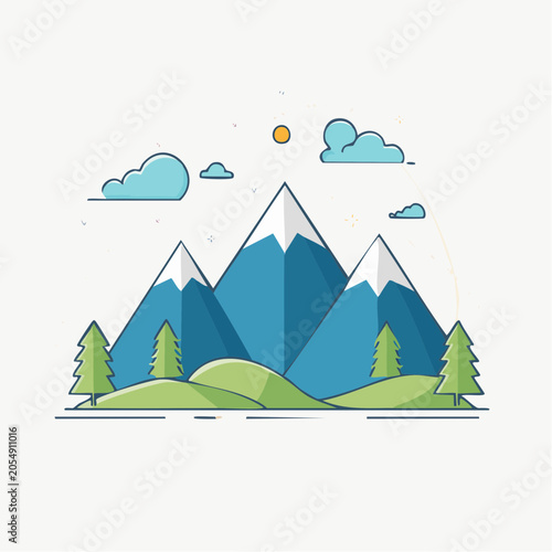 Flat Design Mountain Landscape with Trees and Clouds